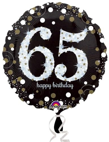 amscan 3213301 Geburtstagsballons Folienballon zum 65. Geburtstag, Schwarz und Gold, 1 Stück, 65th Birthday