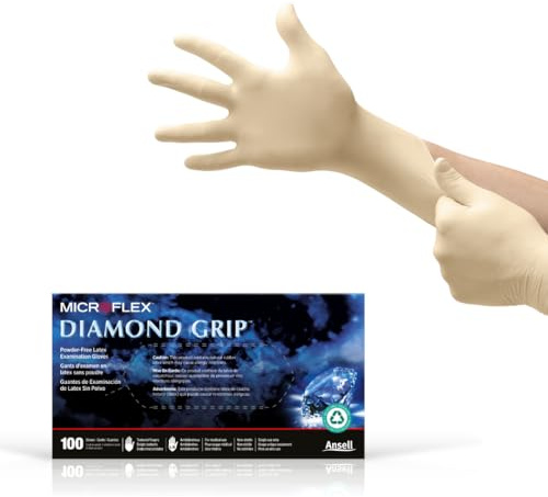 Ansell MICROFLEX Diamond Grip MF-300 Disposable Latex Gloves for Automotive, Healthcare, Machinery Industries - Small, Natural (Box of 100)