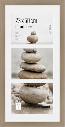 accent by nielsen Bilderrahmen mit Passepartout, 23 x 50 cm, Holz, Silber, Collage mit 3 Bildern zum Aufhängen im Hoch- & Querformat, Echtglas, Apollon