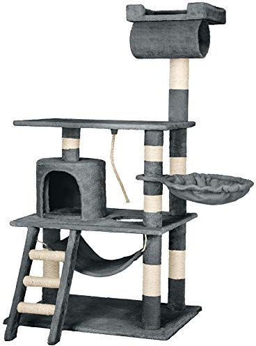 tectake® arbol rascador para Gatos, sisal Resistente, casa Gatos, 1 Nido Giratorio, Hamaca, Sistema antivuelco, Poste rascador Gatos, Cama de Gato, Juguetes para Gatos - 141 cm Alto Gris