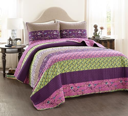 Lush Decor Royal Empire Reversible Cotton Quilt Set, 3 Piece Set King, Plum - Striped Bedding Set - Floral Quilt King Size - Purple Bedding - Boho Decor