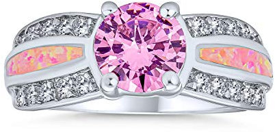 Personnalisez une bague de fiançailles solitaire unique en CZ rose AAA taille brillant rond pour femme en argent sterling .925 avec incrustation d'opale créée, large bande personnalisable.