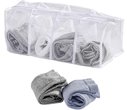 WENKO 63055100 Socken-Wäschenetz, 4 Fächer, Polyester, 17 x 40 x 17 cm, Weiß, Mittel