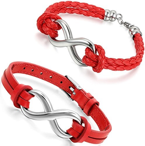Aroncent Unendlichkeit Infinity Leder Armband: 2 PCS Damen Herren Charme Infinity Geflochten Armreif Unendlichkeit Infinity Partnerarmband Freundschaftsarmband Leder Edelstahl Rot