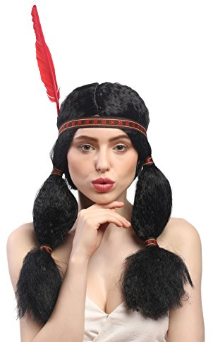 WIG ME UP - 91224-P103 Perücke Damen Karneval Fasching Indianer Indianerin Dicke buschige Zöpfe Stirnband Feder