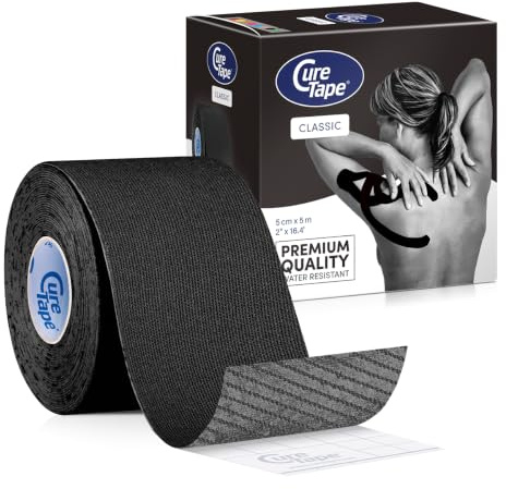 CureTape Classic Kinesiology Tape 5m x 5cm Uncut – Waterproof Latex-Free Hypoallergenic Kinetic Physio Tape – Medical Tape - Muscle & Joint Support & Blisters – Elastic K Tape for Knee Support - Black