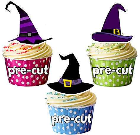 Vorgeschnittene Halloween Hexenhüte - essbare Cupcake Topper/Kuchendekorationen (12 Stück)