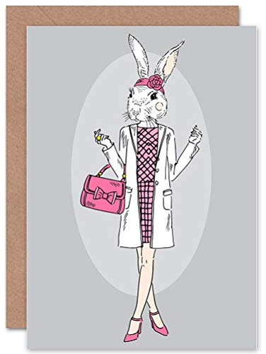 Wee Blue Coo FASHION ANIMAL BUNNY GIRL PINK HANDBAG BLANK GREETINGS BIRTHDAY CARD ART