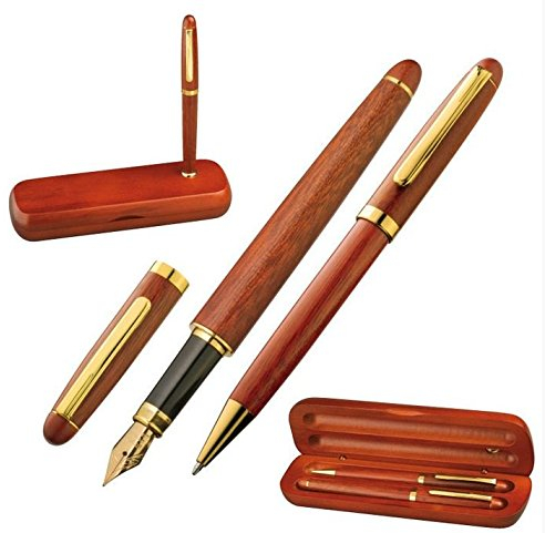 Unbekannt Schreibset - Kugelschreiber & Schreibfeder/Füller - elegant in Holz - blau schreibend - 1501