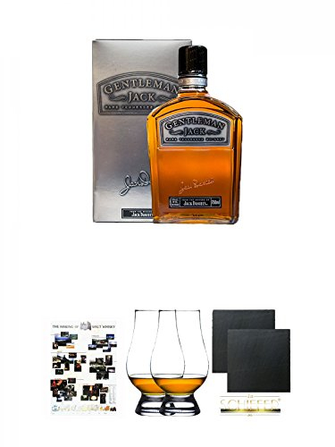 Jack Daniels Gentleman Jack 0,7 Liter + Poster The Making of Malt Whisky DIN A1 + The Glencairn Glass Whisky Glas Stölzle 2 Stück + Schiefer Glasuntersetzer eckig ca. 9,5 cm Ø 2 Stück