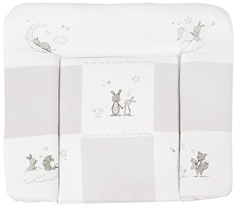 roba Wickelauflage Fox & Bunny - Wickelunterlage 85 x 75cm weich mit Fuchs & Hasen Motiv - Baby Wickeltischauflage PU beschichtet - Hellgrau / Weiß