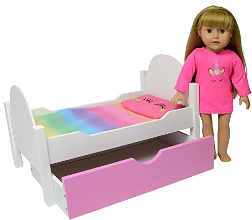 The New York Doll Collection Einhorn Holzpuppenbett passend für 18 Zoll /46 cm Puppen (Rollbett) Puppenmöbel Passend für Dolls, Puppenbett Holz, Puppenwiege