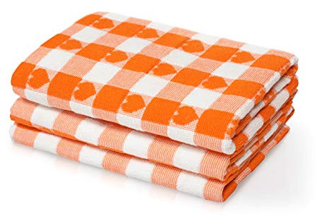 Woven Tea Towels 3pk Large 50 x 70cms Super Absorbent Hearts 100% Cotton (Orange)