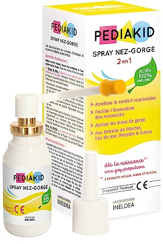 PEDIAKID - Spray Nez-Gorge - Facilite l'évacuation des mucosités - Aide le confort respiratoire - Sans gaz propulseur - Dès la naissance - 2 embouts (nasal + buccal) - Dispositif Médical - 20ml