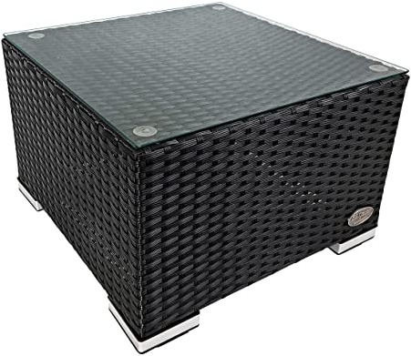 RS Trade® exclusive 'Toscana' Polyrattan Beistelltisch mit verstärktem Alu-Gerüst und Temperglas Tischplatte (bis 90 kg als Hocker nutzbar), mit Spannbändern und höhenverstellbaren Standfüßen; Schwarz