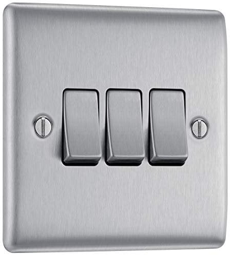 BG Electrical Triple Wall Light Switch, 2 Way, Raised and Slim Profile, Round Edges, Nexus Metal, Brushed Steel, 20A, 16AX, NBS43