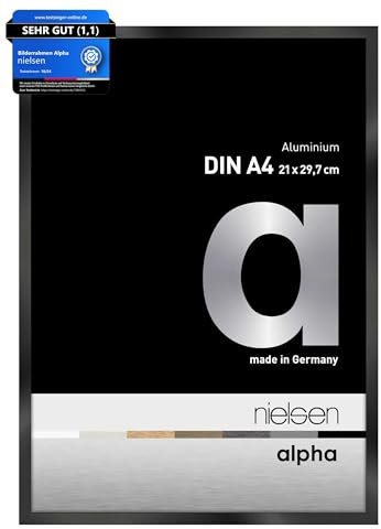 nielsen Bilderrahmen, 21 x 29,7 cm (A4), Aluminium, Schwarz glanz, Dokumentenrahmen zum Aufhängen im Hoch- & Querformat, Echtglas, Alpha
