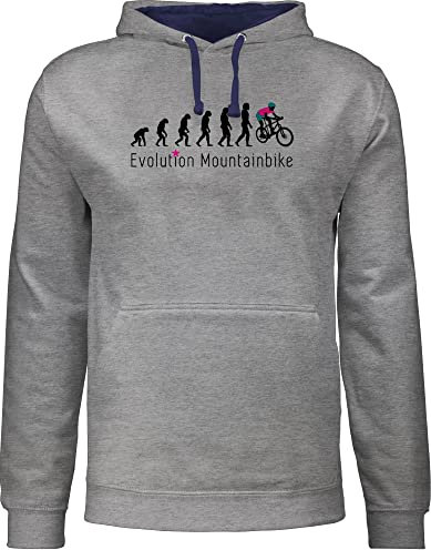 Shirtracer Pullover Herren Frauen Hoodie Kontrast zweifarbig - Entwicklung und Outfit - Mountainbike Evolution - M - Grau meliert/Navy Blau - Rad Damen Fahrradfahrer Kapuzenpullover fahrradfahren