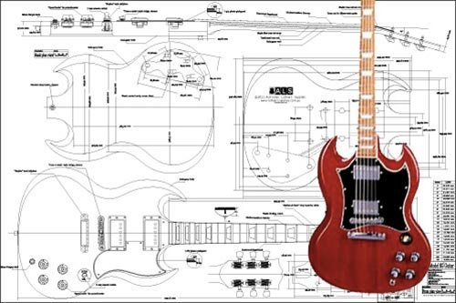 Plan of Gibson SG E-Gitarre, Vollmaßstabsdruck
