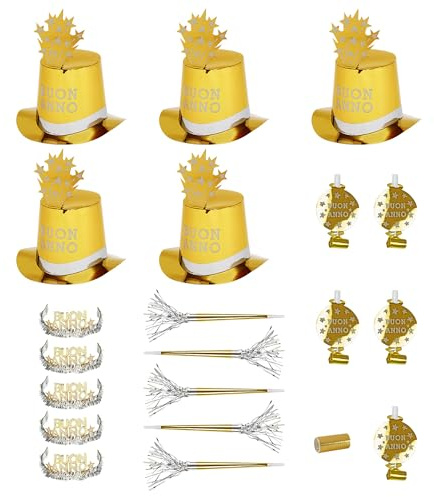 W WIDMANN MILANO Party Fashion - Silvester Party Set 21-teilig | 5 Partyhüte, 5 Kronen, 5 Partytrompeten, 5 Tröten und Luftschlangen für Silvester und Mottoparty