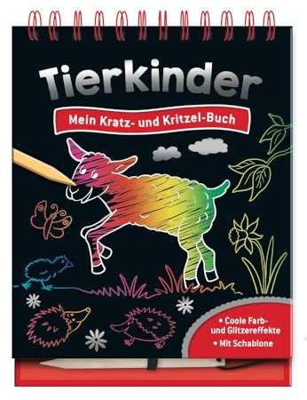 Tierkinder - Mein Kratz- und Kritzel-Buch: 15 zauberhafte Kratzseiten mit Farb- und Glitzereffekten zum Freikratzen für Kinder ab 5 Jahren | mit Schablone und Kratzstift