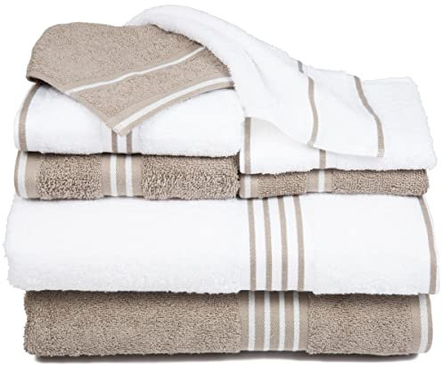 Lavish Home - Lot de 8 Serviettes de Bain en Coton - 2 Serviettes de Bain, 2 essuie-Mains, 2 Petits essuie-Mains et 2 Gants de Toilette - Blanc/Taupe