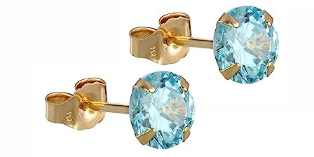 Ohrstecker aus 9 Karat Gold, 5 mm, runder Aquamarin (Geburtsstein März), Geschenk-Box., Gelbgold, Aquamarin