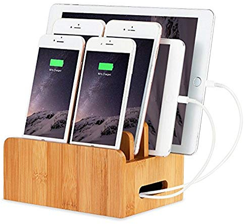 Bureau en Bois de Bambou Cordons Multi-appareils Support Organisateur et Station de Charge Chargeur Docks Support de Berceau pour iPhone iPad Samsung Huawei OnePlus LG Sony Smartphones et Tablets