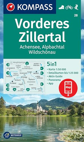 KOMPASS Wanderkarte 28 Vorderes Zillertal 1:50.000: markierte Wanderwege, Hütten, Radrouten