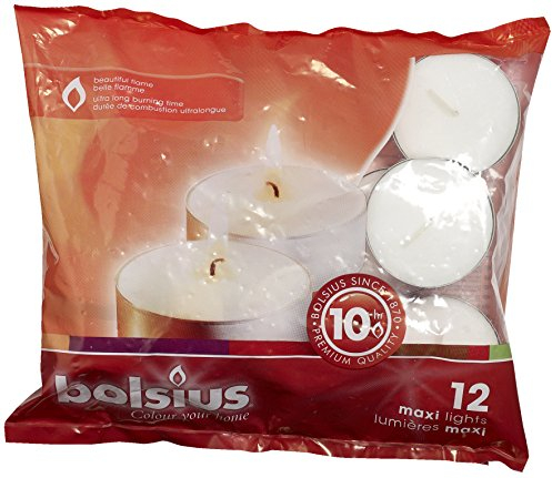 Bolsius - Velas de té grandes (uso interior y exterior, 10 horas de duración, 16 x 38 mm, 12 unidades), color blanco