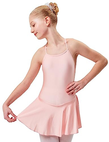 tanzmuster Ballettbody Mädchen - Sophie - glänzendes Lycra - gekreuzte Träger - angenähtes Röckchen - Kinder Ballett Trikot in hellrosa, 116/122