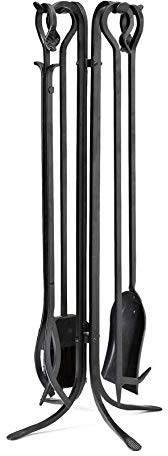 Plow & Hearth 5-teiliges Kaminbesteck aus geschmiedetem Eisen, mit Schürhaken, Zange, Schaufel, Besen und Ständer, 17,8 cm Durchmesser x 82,5 cm, Schwarz