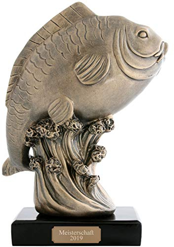 pokalspezialist Pokal Figur Trohpäe Karpfen Angler Fische handbemalt mit Sockel 1,3 kg extra groß mit Gravur