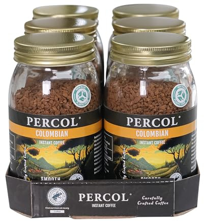 Percol - Smooth Colombian Instant Coffee, 6 x 100g | Toffee and citrus notes; Strength 3; 100% hand picked Arabica beans; Freeze dried; Recyclable jar with metal lid; Desk breaks