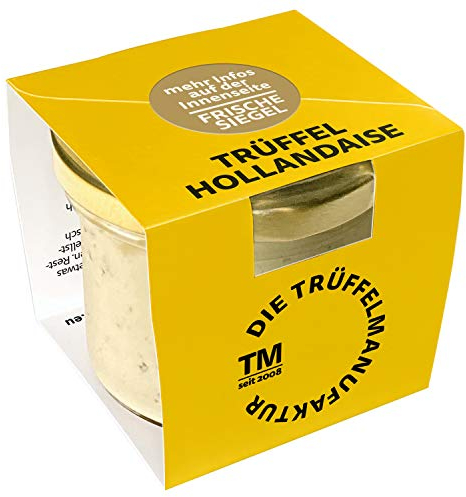 Die Trüffelmanufaktur - Trüffel Hollandaise Soße, Feinkost Trüffelcreme mit 10% echtem schwarzem Trüffel, Trüffelhollandaise Sauce für Spargel, Gemüse, Fisch & Fleisch, Trüffelsoße weiß im 180 g Glas