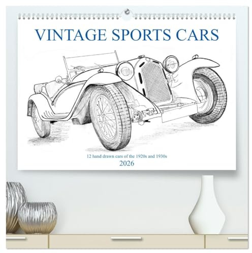Vintage Sports Cars (hochwertiger Premium Wandkalender 2026 DIN A2 quer), Kunstdruck in Hochglanz: 12 handgezeichnete Sportwagen Klassiker (CALVENDO Technologie)