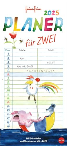 Helme Heine: Planer für zwei 2025: Wandkalender 2025 zum Eintragen mit Schulferien und 3-Monats-Vorschau. Partnerkalender 2025 mit den tierischen drei ... 16 x 34,7 cm (Helme Heine Kalender Heye)