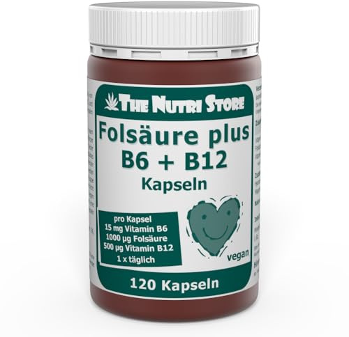 Folsäure + B12 + B6 Kapseln 120 Stk. vegan - Energie, Nervensystem und Immunsystem - 4 Monatsvorrat - The Nutri Store - Made in Germany