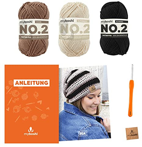 myboshi Häkelset Sommermütze Iga, inkl. No.2 Wolle, Nadel und Anleitung, Häkelpaket, 85% Baumwolle, 15% Kapok Braun, mit Häkelnadel