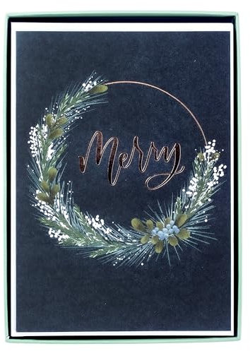 Graphique Weihnachtskarten mit Aufschrift Merry Wreath, 15 Stück, mit Umschlägen, Weihnachtsgrüße, rotgoldene Folienakzente, Box-Set, 12,1 x 16,8 cm