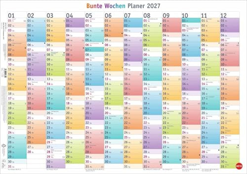 Bunte Wochen Posterplaner 2027: Immer alle Termine im Blick mit dem großen Jahresplaner für die Wand. Neutraler Kalender: das ganze Jahr auf einem Poster