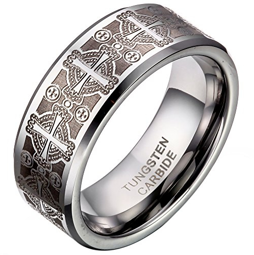 JewelryWe Schmuck Triton Herren-Ring Damen-Ring Wolframcarbid Ring Unisex mit Laser geätzten Kreuz Hochzeitband Verlobungsring 8mm Breite Größe 54 bis 67