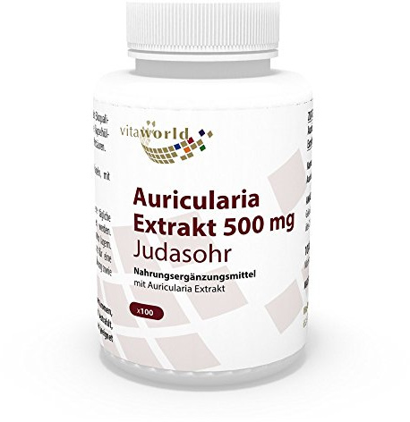 Vita World Auricularia Extract 500mg 25,6% Polysaccharides 100 Vegetarian Capsules Mushrooms with Analysis Certificate Made in Germany