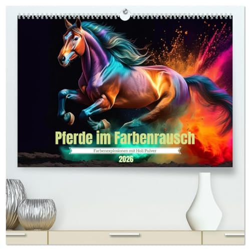Pferde im Farbenrausch (hochwertiger Premium Wandkalender 2026 DIN A2 quer), Kunstdruck in Hochglanz: Farbenexplosionen in Pferdehufen (CALVENDO Tiere)