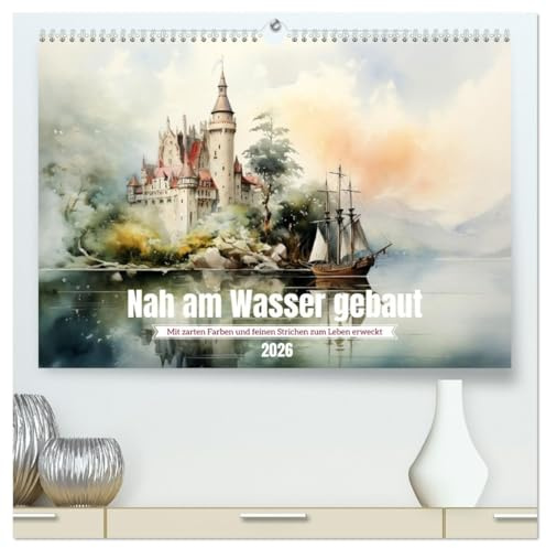 Nah am Wasser gebaut (hochwertiger Premium Wandkalender 2026 DIN A2 quer), Kunstdruck in Hochglanz: Märchenhafte Traumschlösser in Aquarell (CALVENDO Orte)