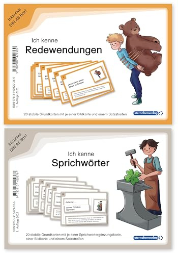 Ich kenne Redewendungen und Sprichwörter im Set: jeweils 20 stabile Grundkarten mit je einer Bildkarte und einem Satzstreifen in der Box