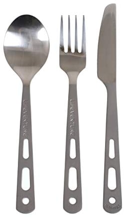 Lifeventure Juego de cubiertos de titanio para acampar - Cubiertos de camping ultraligeros para uno - Juego de cuchillo, tenedor y cuchara con mosquetón y cierre de velcro para acampar o viajar
