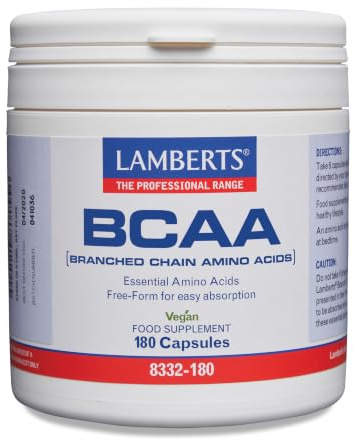 Lamberts BCAA Aminoácidos de Cadena Ramificada | L-Leucina, L-Isoleucina y L-Valina 2:1:1 | Aminoácidos Esenciales en Forma Libre | 180 Cápsulas | Calidad Farmacéutica GMP