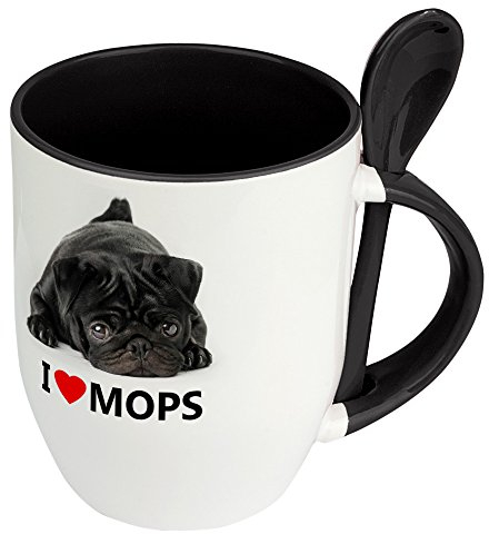 digital print Hundetasse Mops - Löffel-Tasse mit Hundebild Mops - Becher, Kaffeetasse, Kaffeebecher, Mug - Schwarz