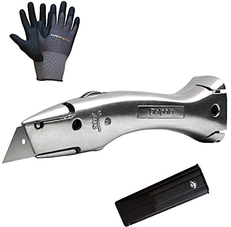 2x Teppichmesser Universalmesser Delphin 03 Das Originial inkl. Köcher + 1 Paar Schutzhandschuh